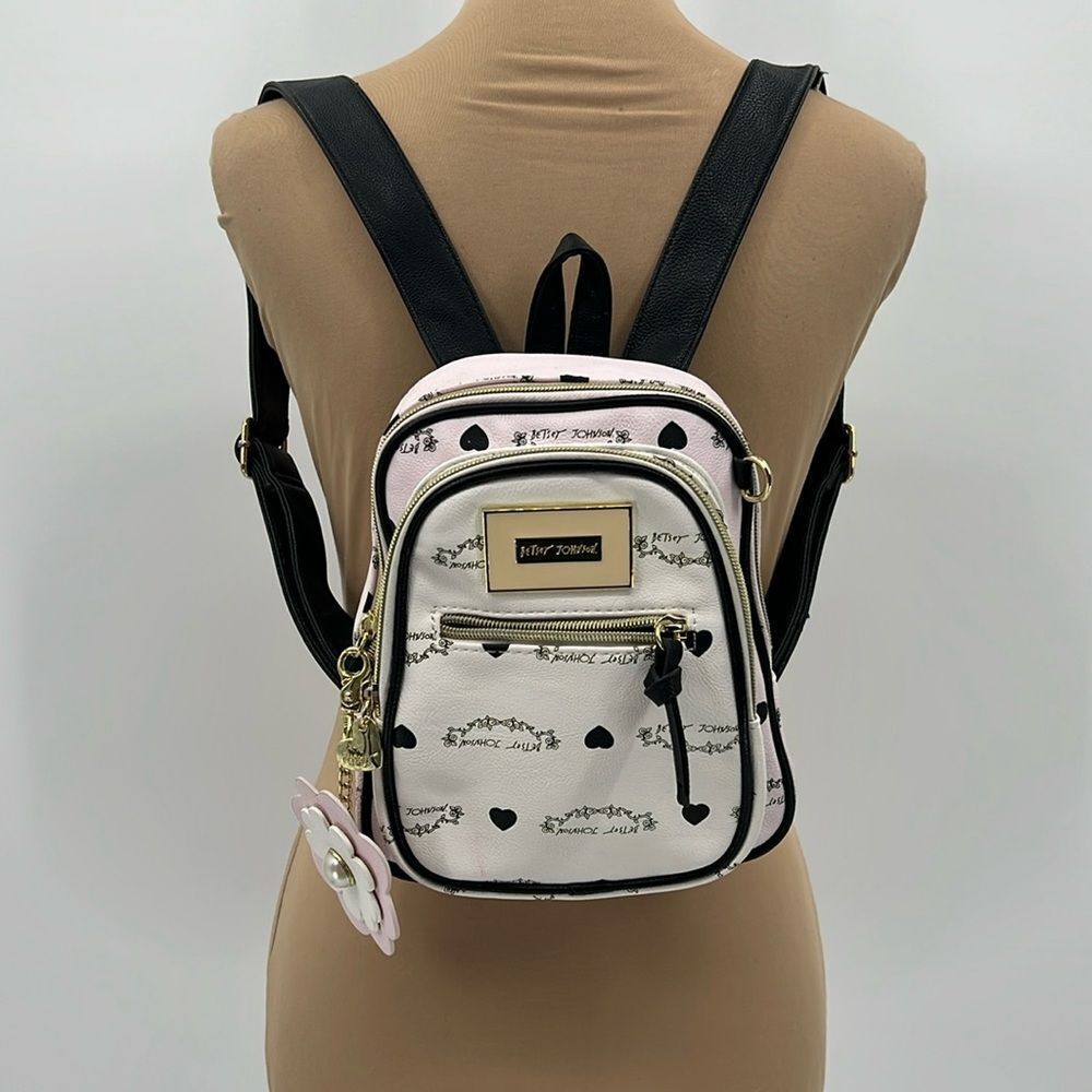Betsey Johnson Black pink and white Mini purse Backpack Womens 9.5” Dainty